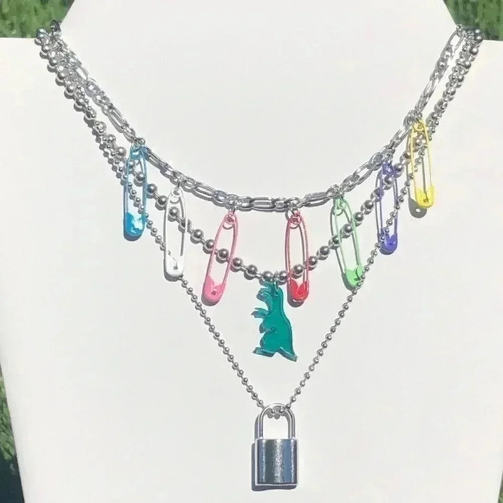 Rainbow Colorful Safety Pin Dinosaur Lock Triple Layer Silver Necklace Nwt